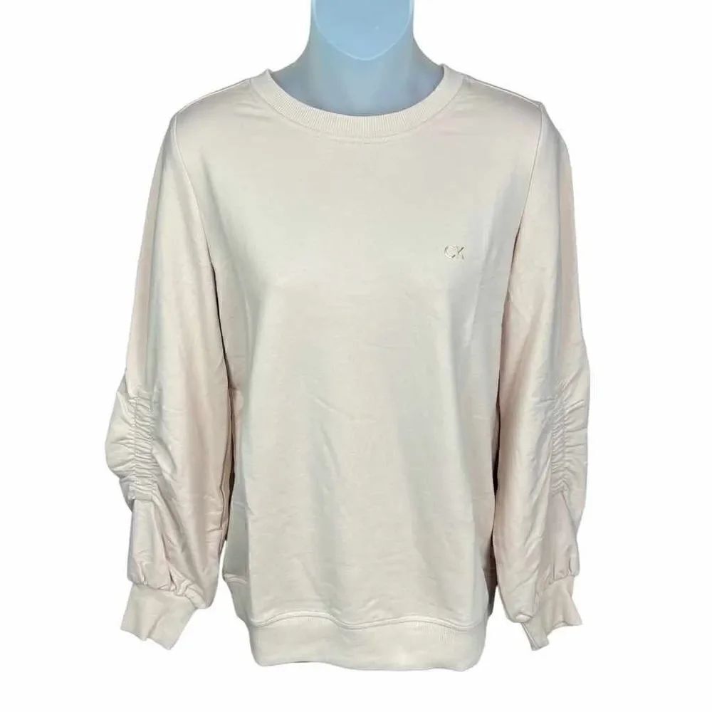 Calvin Klein Sweatshirt Crew Neck Blush Pink Tan Gathered Sleeves CK Logo XS